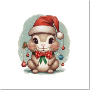 cute little bunny wearing a santa hat Posters and Art